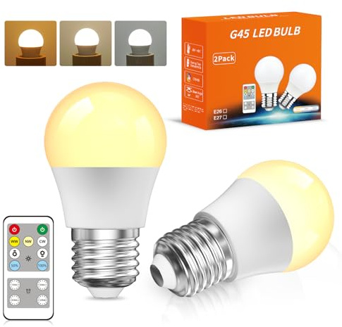 TobeBright E27 LED Glühbirne mit Fernbedienung, 5W G45 Dimmbar Warmweiß Kaltweiß Neutralweiß 3 Farbtemperaturen mit Timer-Funktion, für Schlafzimmer Nachtlicht, 2 Stück