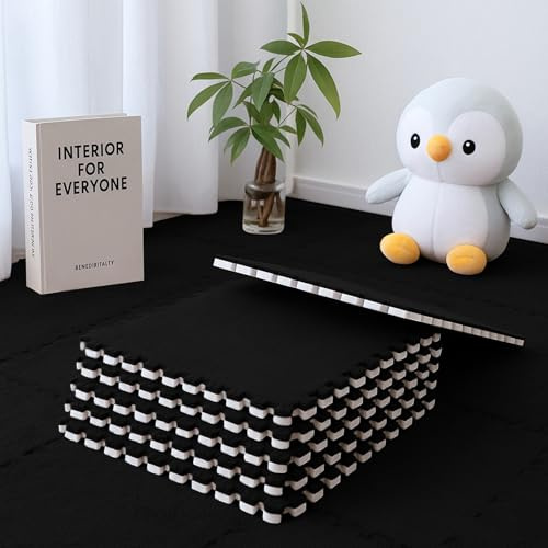 Ineinandergreifende Plüsch-Schaumstoffmatte, Wohnzimmer-Schlafzimmer-Teppichfliesen, 12 Stück Schwarz Zusammensteckbare Schaumstoff-Bodenfliesen Für Spielz (30cm*30cm*1.25cm)