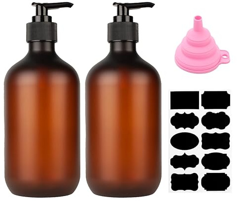 2 Pcs Soap Dispenser, 500ML/17oz Pump Bottle Dispenser, Empty Refillable Shampoo and Conditioner Bottles for Bedroom Kitchen Lotions Washing Up Liquid Dispensers, with Funnel & Stickers