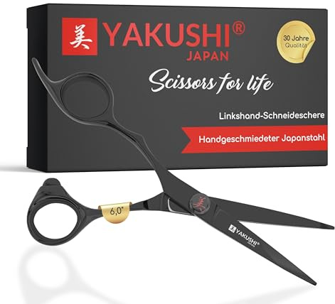 YAKUSHI CHAMEO BLACK V2 Linkshand-Schneideschere 6,0'' I Special-Line I Schere aus Titanium Japanstahl mit Titan-Legierung I Rasiermesserscharfe Friseurschere mit integriertem Fingerhalter