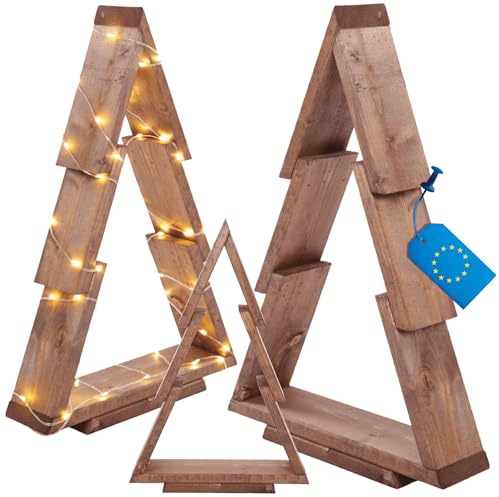 MODO24 Weihnachtsbaum Holz 3D 59,5x39x9,5 cm, Moderne Weihnachtsdeko, FSC Tannenbaum aus Kiefernholz, Stehender Deko-Christbaum, Handgefertigte Holztanne für Innen & Außen, Farbe: Braun imprägniert
