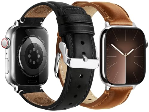 Fullmosa 2Pcs Correas Cuero para Apple Watch 49mm 46mm 45mm 44mm 42mm 41mm 40mm 38mm, Correa Ergonómica de Cuero Auténtico Grano Superior para Apple Watch Series 11 10 9 8 7 6 5 4 3 2 1 SE Ultra3/2/1