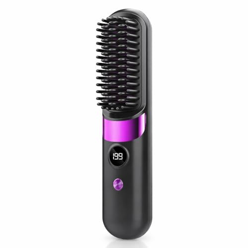 Nexlum Cordless Hair Straightener Brush for Women, Ionic Ceramic Hair Straightening Brush, USB-C Rechargeable Hot Comb with LED Display, 4 Heat Settings 140–199°C, Anti-Scald Travel Styler, Black
