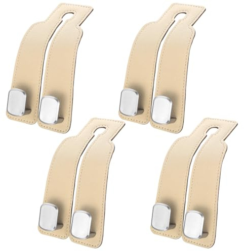 ANBEEISS 4 Pcs Ganchos Dobles Ocultos, Beige, Cuero | para Asiento Coche, Reposacabezas y Respaldo, Multifuncional, Colgar Bolsas y Abrigos, Accesorios Interior Auto