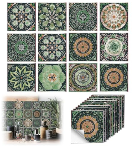 24 Stück Fliesenaufkleber Mandala, 10 x 10cm Marokko Klebefliesen Bad(Grün) | Dekorative Fliesensticker Fliesen, Wasserdichte, 10 Muster, für Küche,Schrank,Möbel, Bad und Balkon