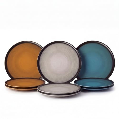 SANTA CLARA | Set de 6 Platos para Pizza 30 cm Piamonte Surtido, Platos Llanos Grandes de Cerámica Stoneware con Borde Negro, Ideal para Servir Pizza y Mesa, Apto Microondas y Lavavajillas