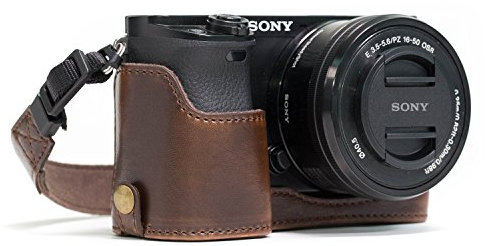 MegaGear MG964 Ever Ready Leather Half Case and Strap with Battery Access for Sony Alpha A5100/A5000 Camera - Dark Brown