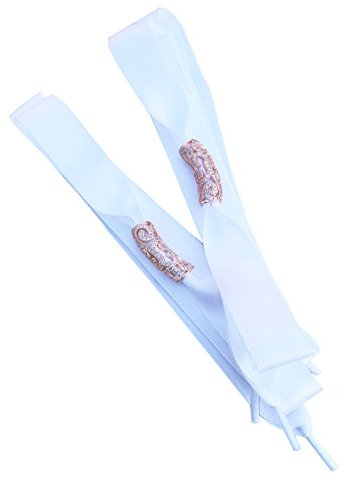 A Pair of Stunning Crystal Rose Gold Swirl Tube Charms on a pair of our Pimp My Shoes White Satin Ribbon Shoelaces RGCST