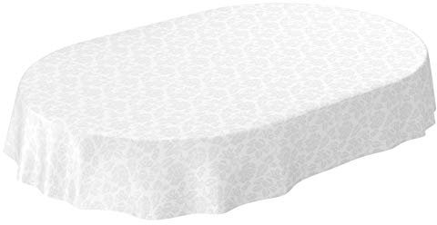 ANRO Wachstuchtischdecke Wachstuch abwaschbar Tischdecke Blumen Einfarbig Uni Weiß Reliefdruck Damast Oval 240x140cm eingefasst
