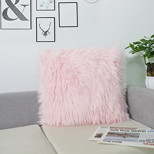 DQMEN Weicher Deko Kissenbezüge 45 x 45 cm, Langhaar ZierKissenbezug dekoratives Fellimitat SofaKissenbezug Kunstfell Kissenbezug (Pink, 45 x 45cm)