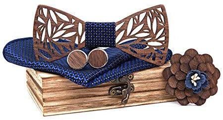 ZOYLINK Hölz Fliege Herren, Handgefertigte Holzfliege Herren Holzfliege ManschettenknöPfe Corsage Quadratischer Schal Fliege Set (Blau)