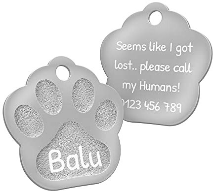 ENGRAVO Hundemarke mit Gravur in Silber 26mm | Pfote Halsbandanhänger personalisiert | Namensschild für Halsband | Anhänger Marke für Hunde, Welpen & Katzen | Dog Tag mit Wunschgravur