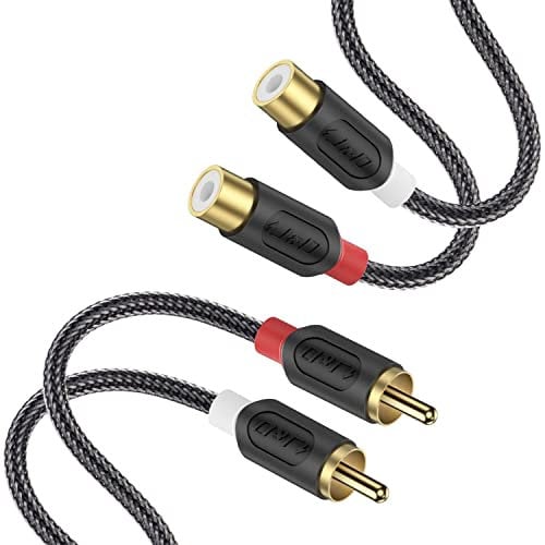 J&D Câble RCA Plaqué Or Série Audiowave - 2 RCA Mâle à 2 Femelle, Audio Stéréo Avec Tresse en Nylon et PVC Décortiqué, 0.9 Mètre