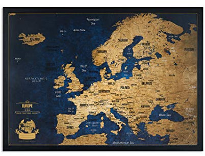 2Maps Europakarte Pinnwand mit farbigen Stecknadeln - Bonus 100 Pins, Abenteuer Karte mit Rahmen, Personalisierte Karten mit Originalfarben, Hergestellt in der EU, 43x3x53 cm, Natürlicher Holzrahmen