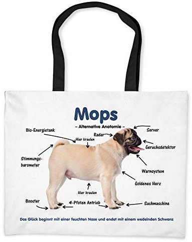 Merchandise for Fans Einkaufstasche - 50 x 38 cm, 19 Liter Schwarze Henkel - Motiv: Mops Alternative Anatomie - 01