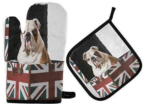 Mnsruu English Bulldog British Flag Union Jack Oven Mitt and Pot Holder Set Heat Resistant Kitchen Glove for Cooking Baking Grilling Barbecue