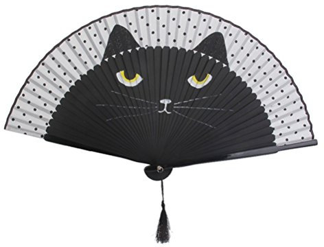 Garneck Hand Painted Silk Bamboo Fan Cat Chinchilla Design 21cm Folds 38cm Tassel Pendant for Parties