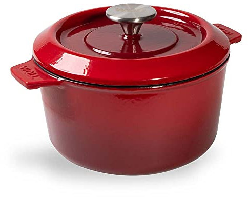 Woll Iron Gusstopf mit Deckel, 24 cm, 11 cm hoch, 5,2 Liter inkl. Silikon-Schutzgriffe Chili Red