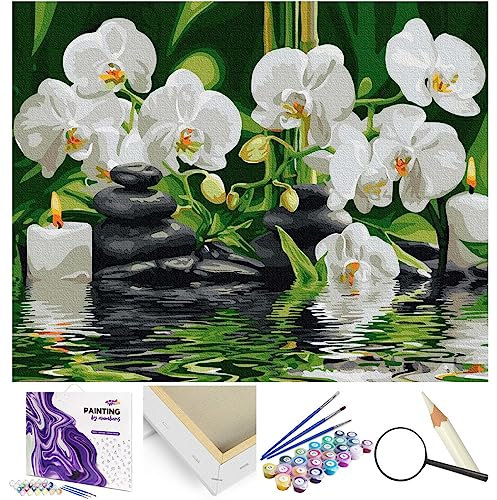 Artnapi Malen nach Zahlen Erwachsene mit Rahmen | DIY Handgemalt | Blumen - Orchideen im Wasser | Kit für Anfänger und Erwachsene | Set inklusive Acrylfarben & Pinsel | 40x50cm Leinwand