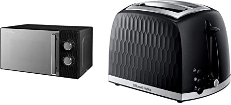 Russell Hobbs Honeycomb RHMM715B 17 Litre 700W Black Solo Manual Microwave & 26061 2 Slice Toaster - Contemporary Honeycomb Design with Extra Wide Slots and High Lift Feature, Black