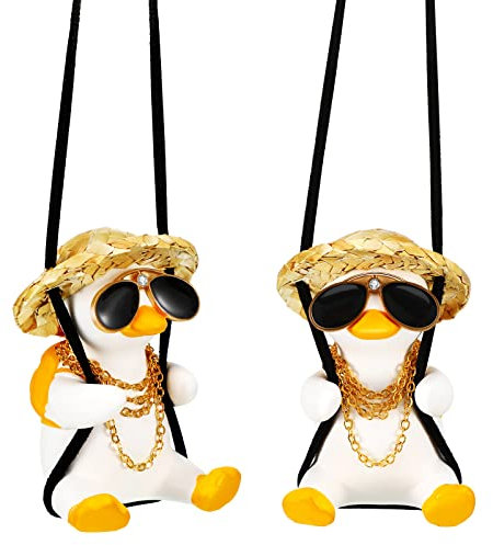2 Stück Schwingende Ente Auto Hängen Ornament Ente Auto Ornament mit Strohhut Auto Rückspiegel Anhänger Ente Auto Armaturenbrett Dekoration (Schaukel Stil)