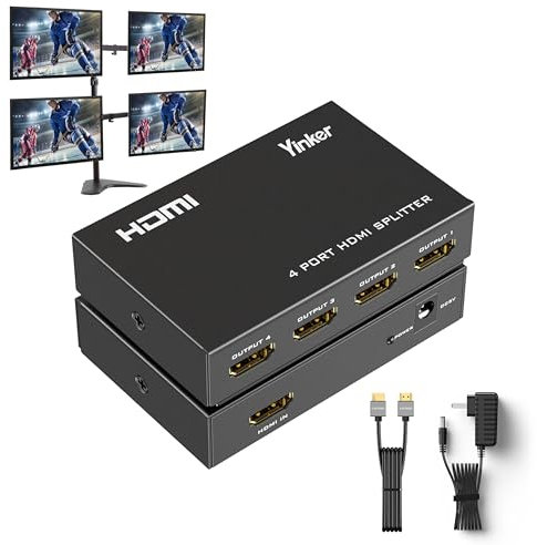 4K HDMI Splitter 1 in 4 out + HDMI cable, Yinker 4K@30Hz 1 to 4 Display Distributor Mirror 1x4 for PS4 Xbox HDTV DVD Player to Monitor Projector