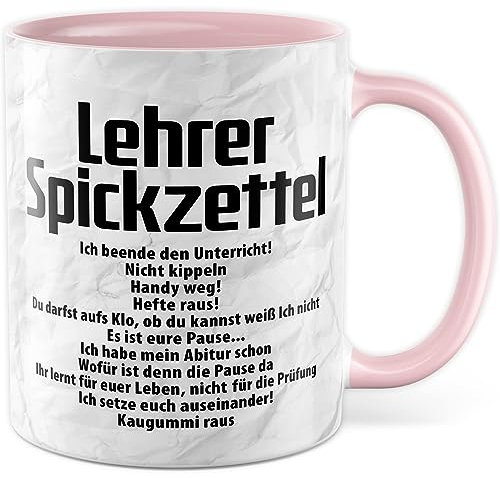 Lehrer Tasse, Lehrer Spickzettel, Geschenkidee lustig Lehrerin Lehrerin Beruf Spruch lustig Grundschule, Geschenk Kollegen Schule (Weiß/Pink)