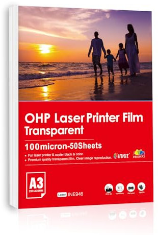 Inkuway OHP A3 50 Blatt transparente Acetatfolie für Laserdrucker und Kopierer, verwendet für Bastelarbeiten und Siebdruck