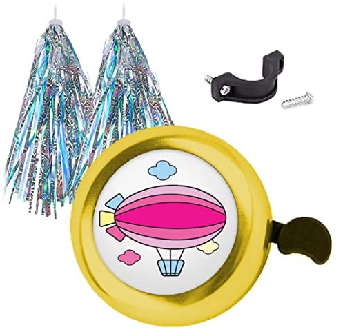 Cartoon Airship Bike Bell with Bike Streamers Rose Red Airboat Bicycle Bell with Bike Tassel Bike Accessories for Kids Girls Boys Gold