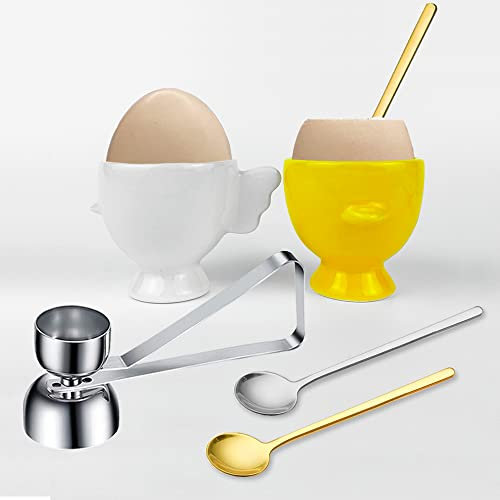 KATISHYRO Set di 5 portauova, in ceramica, 2 portauovo crudi, 1 tagliauova con 2 cucchiai per decorazione, colazione brunch