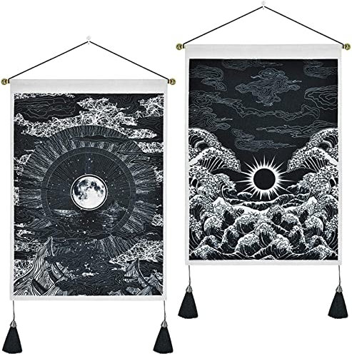 CULASIGN 2 Stück Mond und Sonne Wandteppich mit Quasten Tarot Schwarz Wandbehang Bohemian Tapisserie Psychedelisch Indisch Hippie Heimdekoration Dekor für Schlafzimmer Wohnzimmer