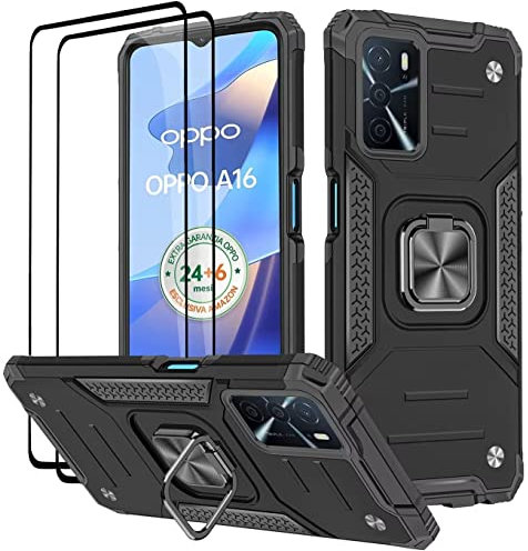 KANSi Hülle für Oppo A16 / Oppo A16S / Oppo A54S, Schutzfolie [2 Stück] Silikon TPU Hart PC Handy Hüllen 360 Grad Drehbar Ringhalter Bumper Stoßdämpfung Schutzhülle - Schwarz