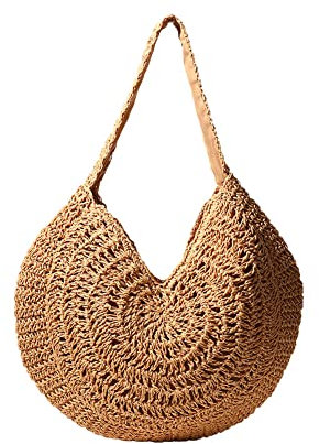 Natürliche Strohtasche für Damen, handgewebt, weich, Stroh, Umhängetasche, Retro, Sommer, Strandtasche für Urlaub, Reisen, Dunkle Farbe