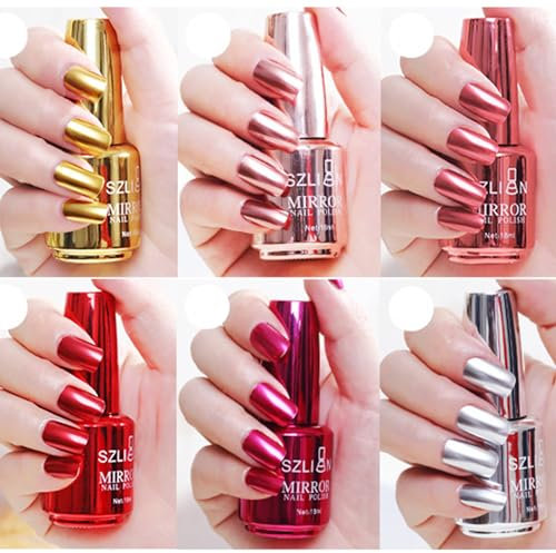 HERBENJOY Mirror Nail Polish Metal Nail Varnish 6 Colors Chrome Nail Polish Set Metallic Mirror Effect Quick Drying Long Lasting Gold Silver Champagne Red Colorful Women Gift,No UV