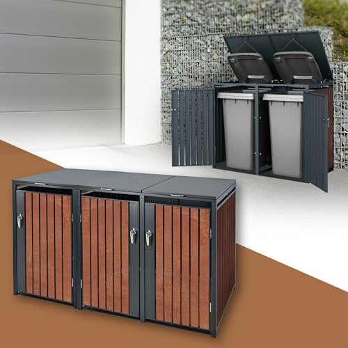 ML-Design Mülltonnenbox 3er 3 Tonnen 240L 200x80x116,3cm Anthrazit-Rostoptik, Stahl/Cortenstahl, Abschließbare Mülltonnenverkleidung Klappdeckel/3 Türen, Müllbox Mülltonnecontainer Mülltonnenabdeckung