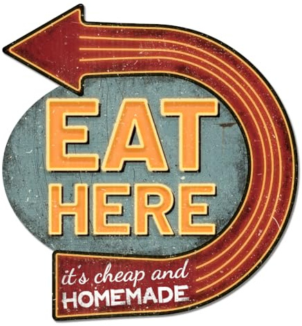 GLOBLELAND Eat Here Unregelmäßig Retro Blechschild Pfeil Lustige Schilder Mit Sprüchen Vintage Metallschild Für Zuhause Küche Restaurant Café Club Bar Dekoration