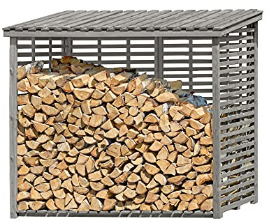 Mega Holz Kaminholzregal FLAMMO XL mit Rückwand und Dach für Außen aus Kesseldruckimprägniertem Holz in grauem Farbton 237x114x203 cm (BxTxH) Brennholzlager