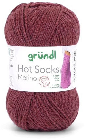 Gründl Hots Socks Merino uni, 4-fädige Sockenwolle, 50 g /200m,75% Schurwolle (Merino, superwash), 25% Polyamid,mulesing frei, Öko-tex Standard, (28 bordeaux)