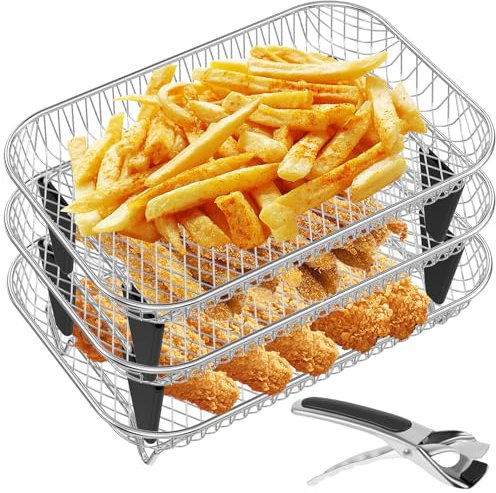 AY 12pcs Air Fryer Accessories 3 Coucher Air Fryer Rack Empilement Air Fryer Grill Rack en acier inoxydable Déshydrator Rack Rectangulaire avec 8 pieds de silicone 1 Clip anti-calcul pour le four à fr