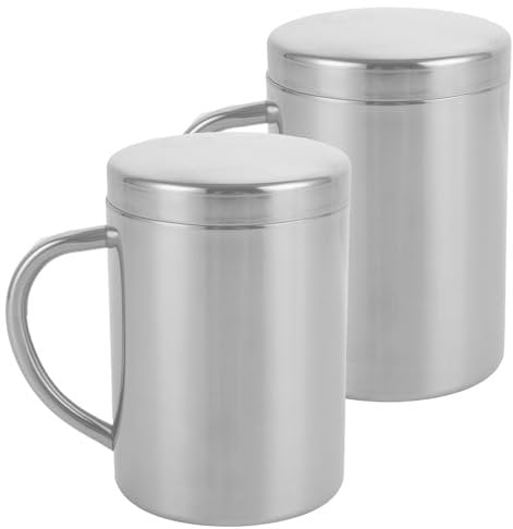 VIDETOL 2 PCS Stainless Steel Camping Mug, 400 ml Coffee Cup with Lid, Silver Tea Cup for Home, Office, Travel, Camping
