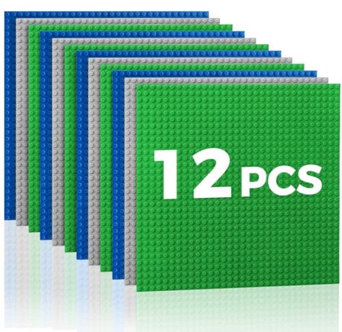Lekebaby Classic Baseplates Building Base Plates for Building Bricks,10 x 10 Baseplates 100% Compatible with Major Brands,Pack of 12,Green/Blue/Grey