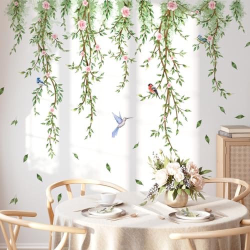 Runtoo Wandtattoo Hängende Pflanzen Grün Wandsticker Blätter Blumen Vögel Wandaufkleber Wohnzimmer Schlafzimmer Kinderzimmer Babyzimmer Wanddeko