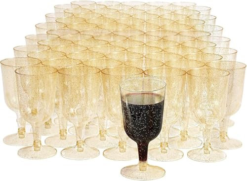 MATANA 300 Premium Plastic Wine Glasses with Gold Glitter (180ml) - Hard Plastic Wine Glass, Reusable Wine Cups for Cocktails, Dessert for Large Parties, Weddings, Birthdays, Christmas, BBQ