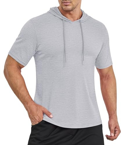 EKLENTSON Men's Hoodies Short Sleeve Lightweight Athletic Hoodies Workout Running Training Tops Light Grey,M