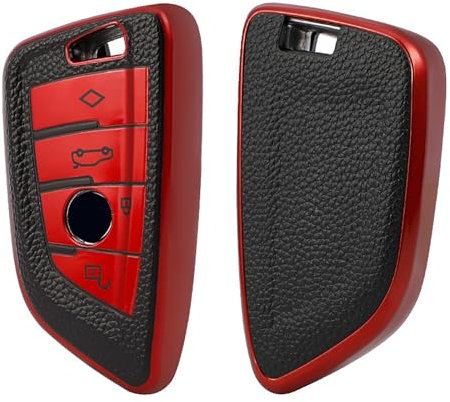 Misuyue BMW Schlüsselhülle für BMW X1 X3 X5 X7 1 3 5 6 7 Series, B-MW X1 Schlüsselhülle, 4 Tasten Leder und TPU B-MW Key Cover (Rot)