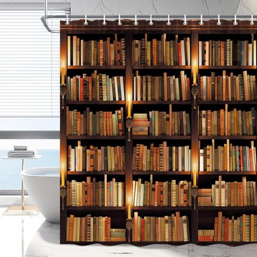 RDRUVA Retro-Bücherregal, Duschvorhang, Vintage-Bücherregal, Literatur, Bücher, Kunst, Wandkerze, akademische Kollektion, klassische Heimdekoration, Vorhänge aus Polyestergewebe mit Haken, 178 x 177,8