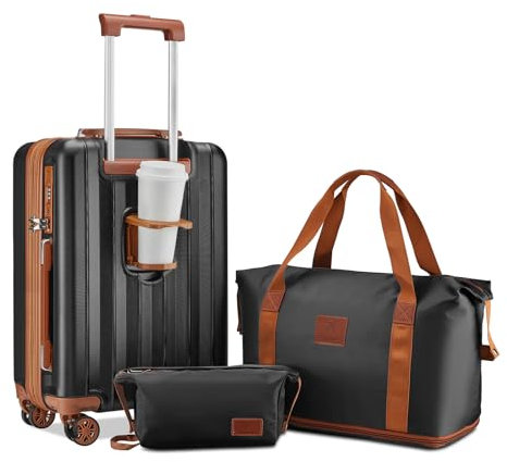 Joyway Koffer Handgepäck Kofferset, Hartschalen Reisekoffer mit Getränkehalter, 4 Rollen TSA-Schloss Der Koffer Enthält 1 Reisetasche und 1 Kulturbeutel, Schwarz Braun