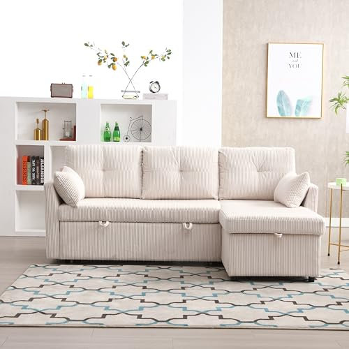 MQLAE Sofa mit Schlaffunktion 130x206, Multifunktionales Schlafsofa mit Stauraum und ausziehbares Bett, Schlafcouch mit Bettkasten, Modulares Couch L Form, Ecksofa für Wohnzimmer, Beige Velvet