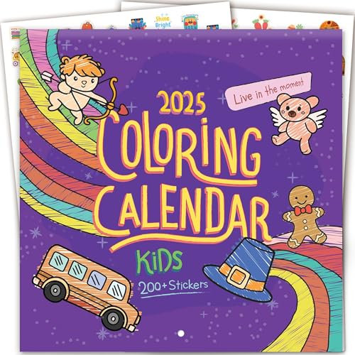 Calendario infantil 2025-2026, calendario grande de 15 meses para colorear para niños con más de 200 calcomanías divertidas, páginas ilustradas para colorear para el hogar, el aula y el aprendizaje