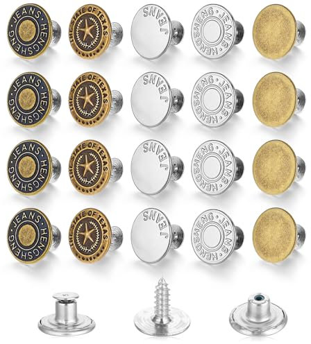 Tyqour 20Pcs Jean Button Replacement 17mm No Sew Adjustable Jean Buttons for Loose Jeans Reusable Metal Pants Button Tightener for Men Women